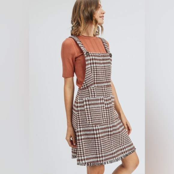 NWT Tea N Rose Brown and White Overall Houndstooth Pinafore Dress Raw Hem - Picture 12 of 12
